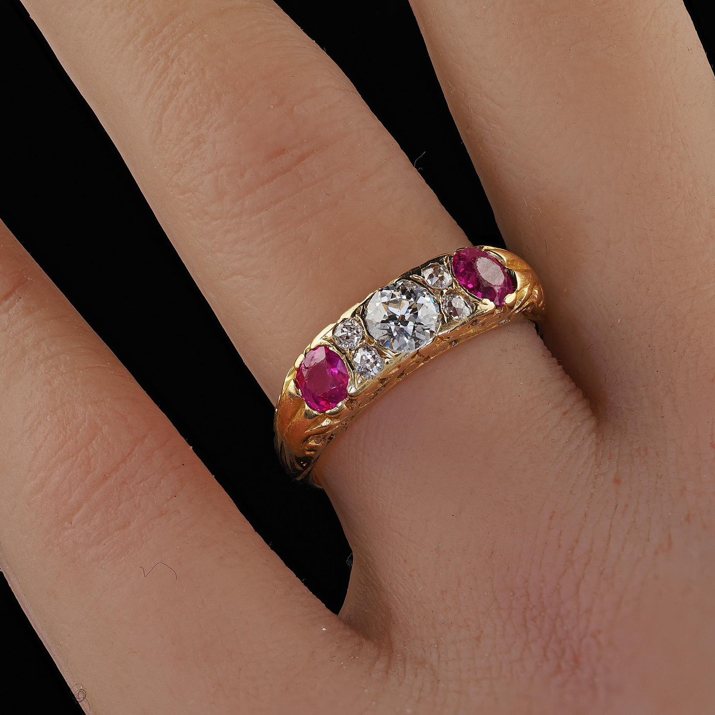 Antique Victorian 18K Yellow Gold Old Cut Diamond and Ruby Three Stone Ring