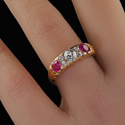 Antique Victorian 18K Yellow Gold Old Cut Diamond and Ruby Three Stone Ring