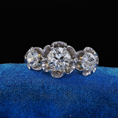 Antique Edwardian 18K Gold Platinum Old Cut Diamond Buttercup Setting Ring