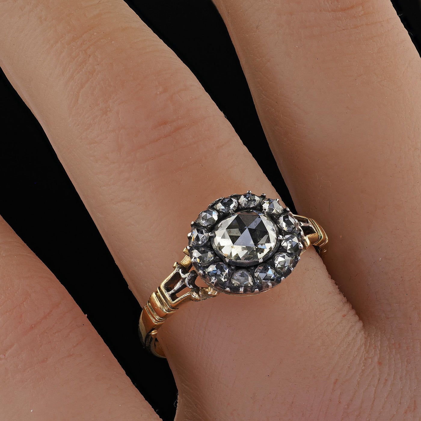 Antique Georgian 18K Yellow Gold Rose Cut Diamond Halo Engagement Ring