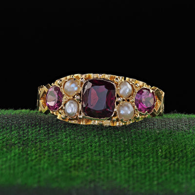 Antique English 15K Yellow Gold Rhodolite Garnet and Pearl Ring