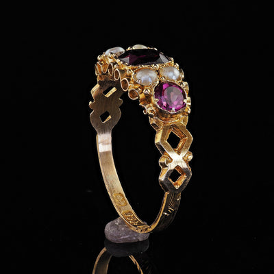 Antique English 15K Yellow Gold Rhodolite Garnet and Pearl Ring