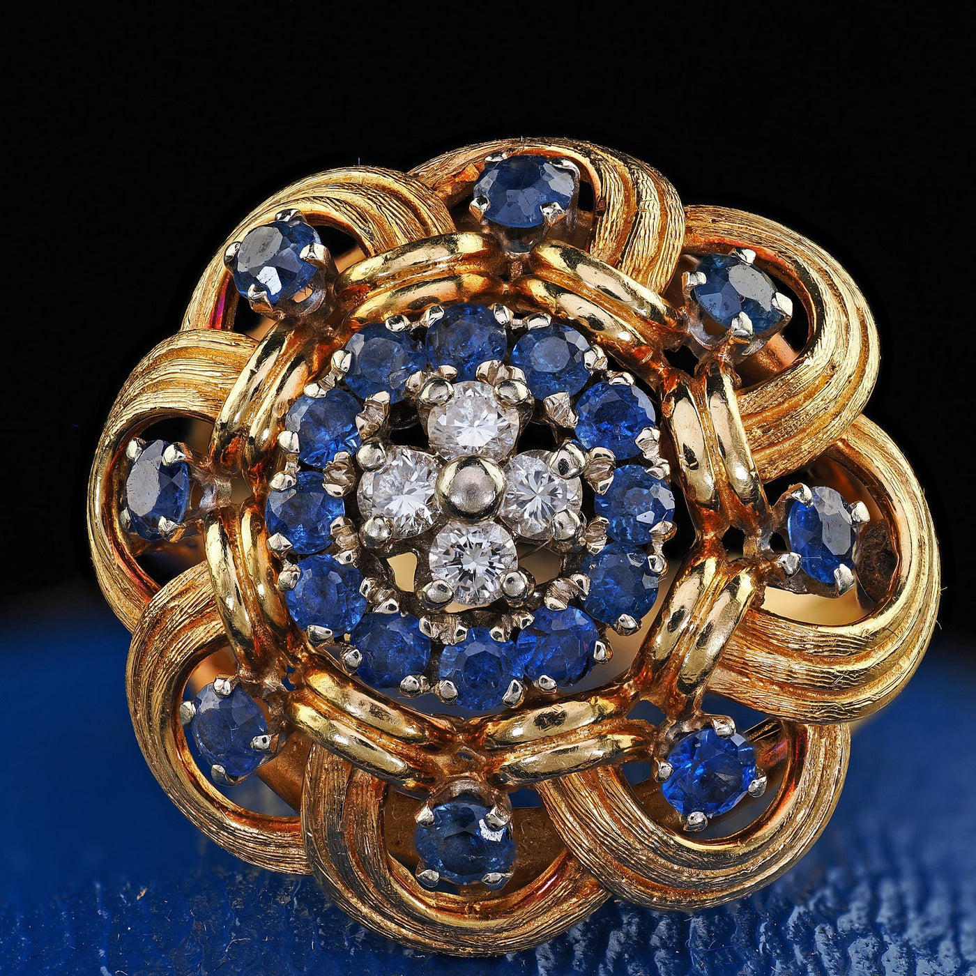 Vintage Estate 18K Yellow Gold Diamond and Sapphire Geometric Cocktail Ring