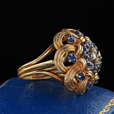 Vintage Estate 18K Yellow Gold Diamond and Sapphire Geometric Cocktail Ring