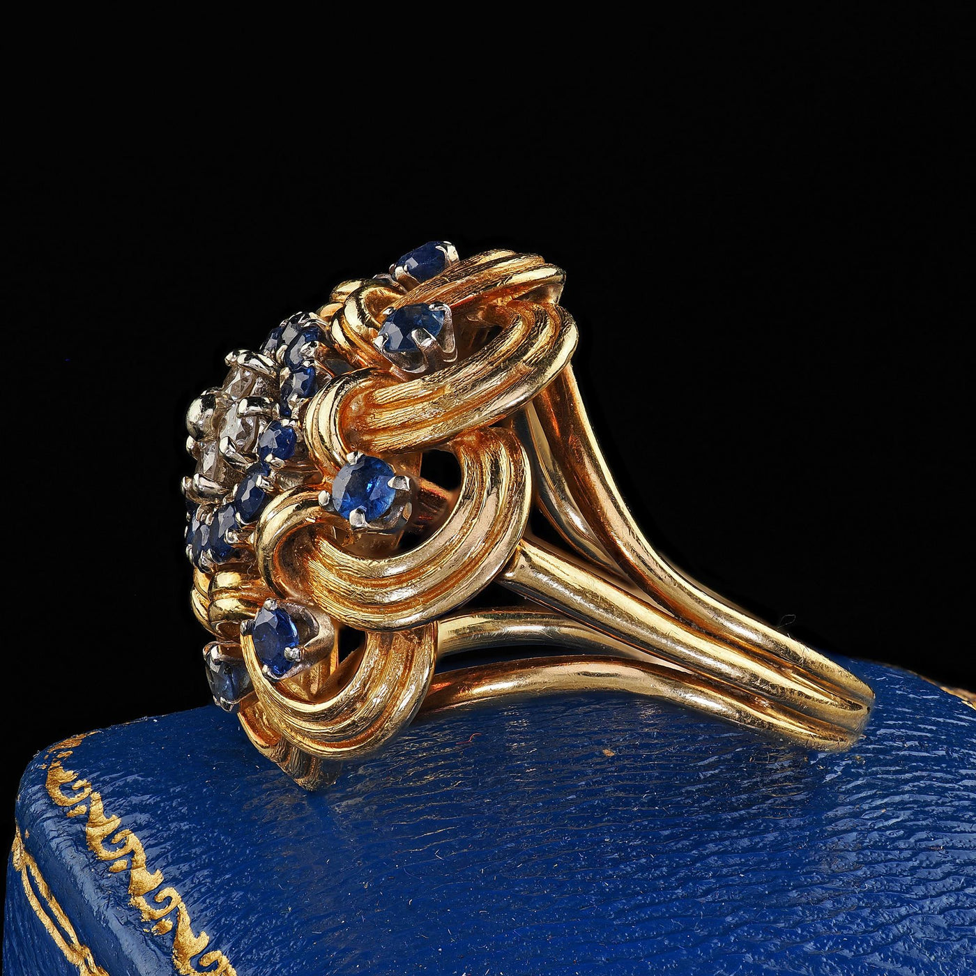 Vintage Estate 18K Yellow Gold Diamond and Sapphire Geometric Cocktail Ring