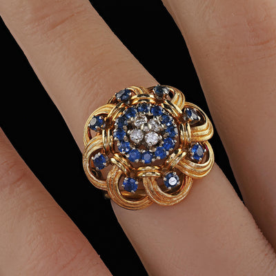 Vintage Estate 18K Yellow Gold Diamond and Sapphire Geometric Cocktail Ring