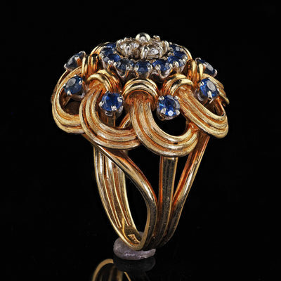 Vintage Estate 18K Yellow Gold Diamond and Sapphire Geometric Cocktail Ring