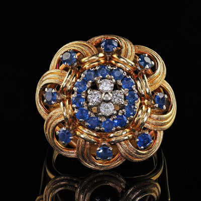 Vintage Estate 18K Yellow Gold Diamond and Sapphire Geometric Cocktail Ring