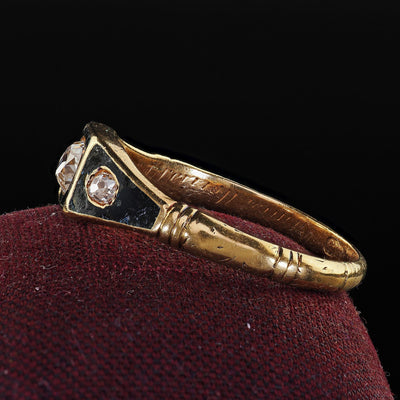 Antique Victorian 18K Yellow Gold Old Mine Diamond Enamel Three Stone Ring