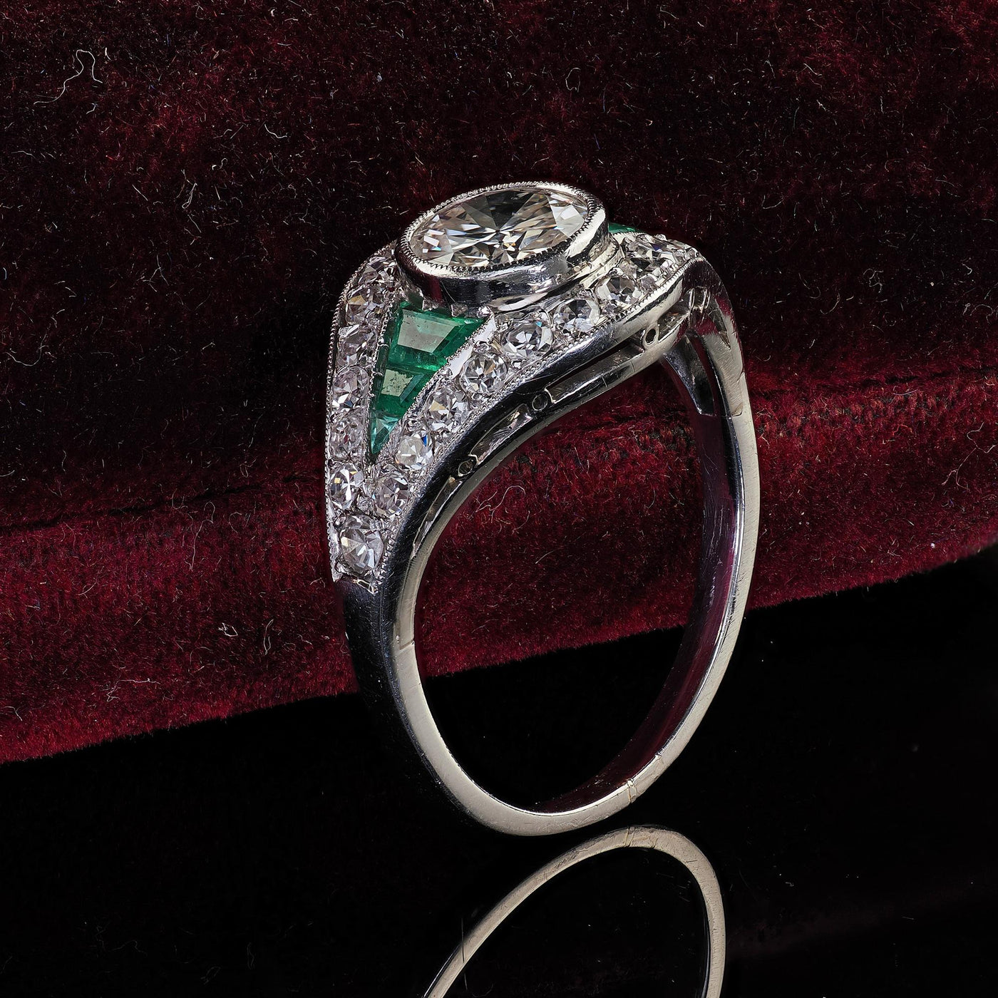 Antique Art Deco Platinum Old Euro Diamond and Emerald Engagement Ring