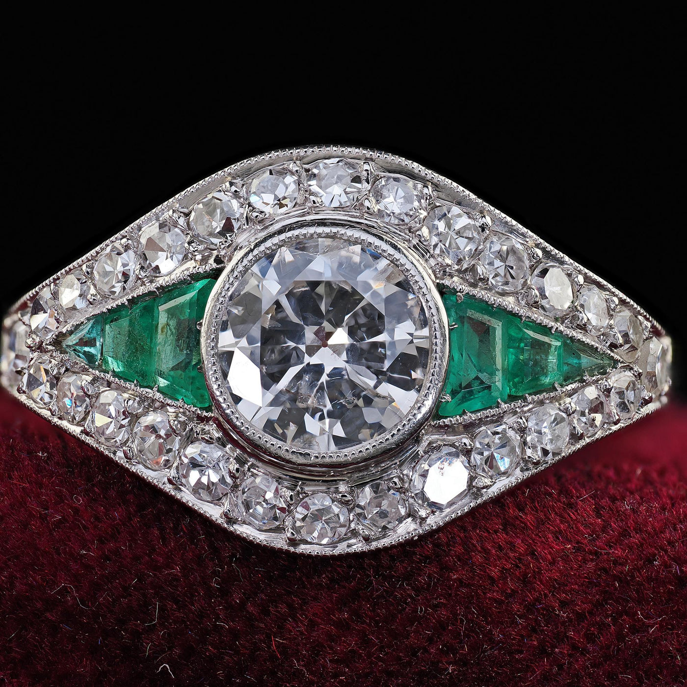 Antique Art Deco Platinum Old Euro Diamond and Emerald Engagement Ring