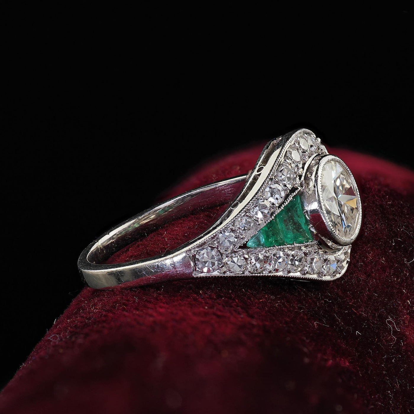 Antique Art Deco Platinum Old Euro Diamond and Emerald Engagement Ring