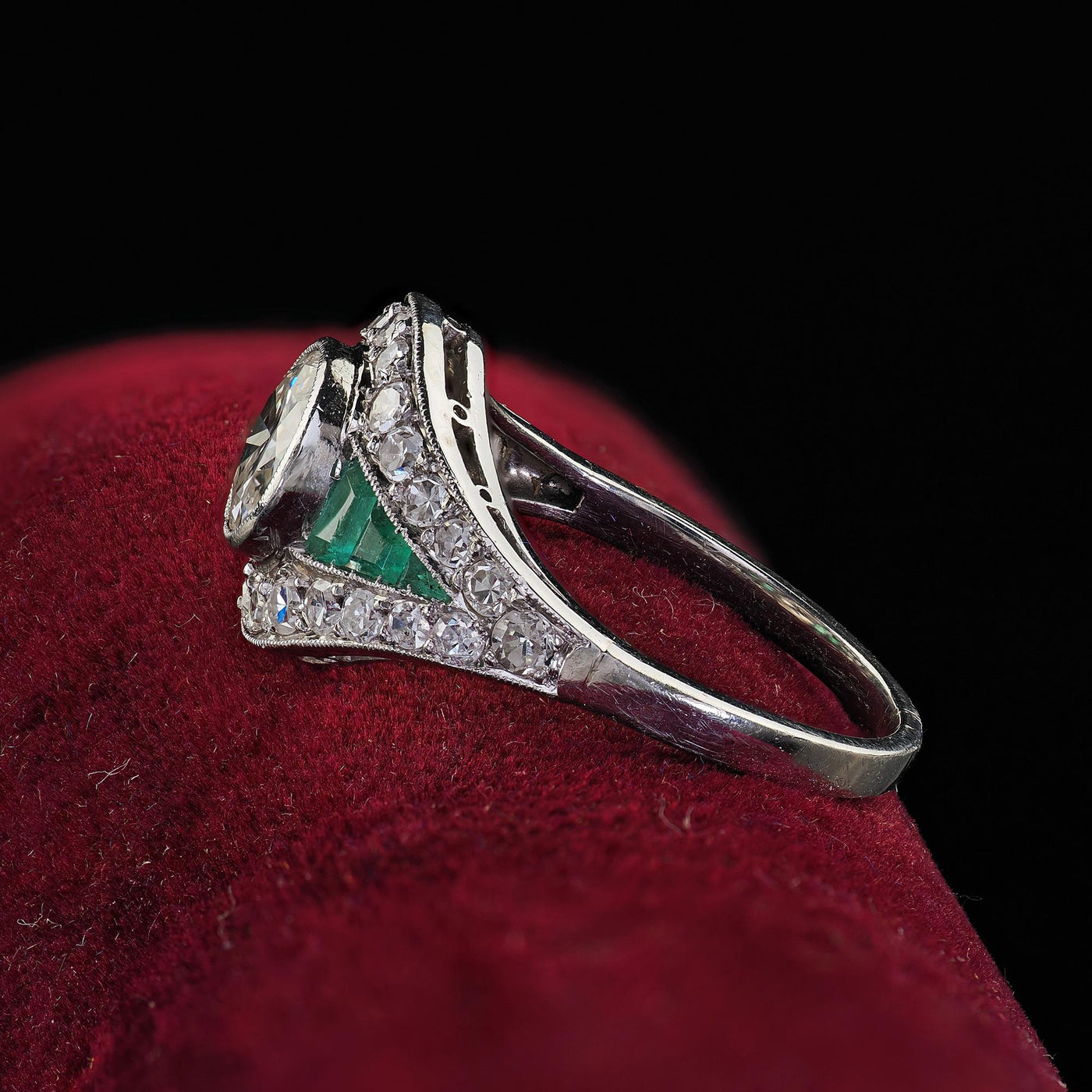 Antique Art Deco Platinum Old Euro Diamond and Emerald Engagement Ring