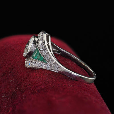 Antique Art Deco Platinum Old Euro Diamond and Emerald Engagement Ring