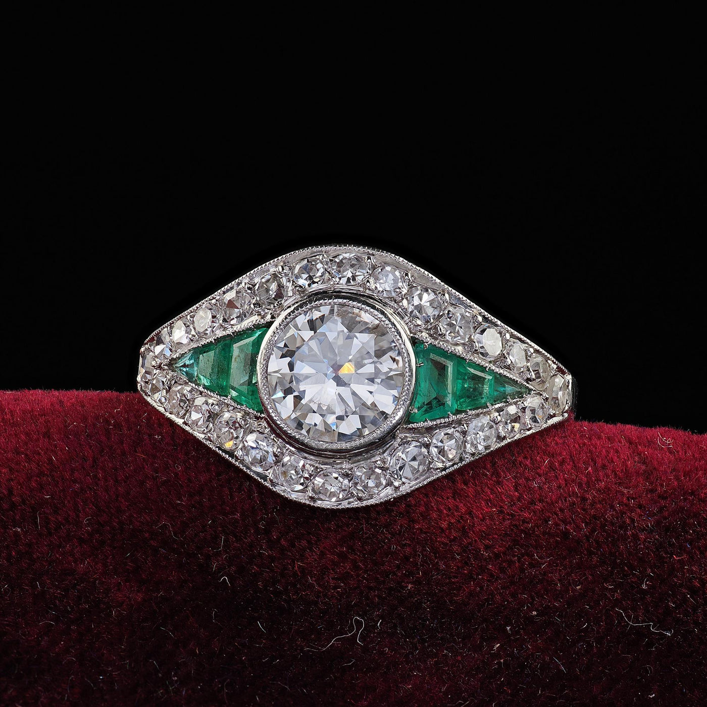 Antique Art Deco Platinum Old Euro Diamond and Emerald Engagement Ring
