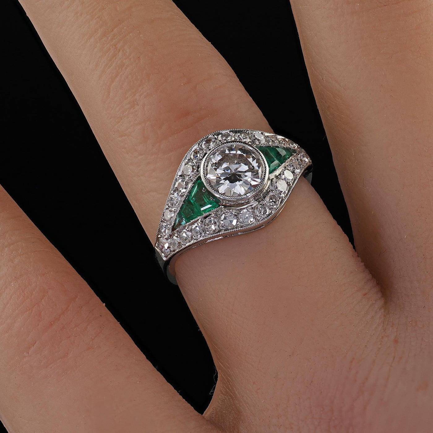 Antique Art Deco Platinum Old Euro Diamond and Emerald Engagement Ring