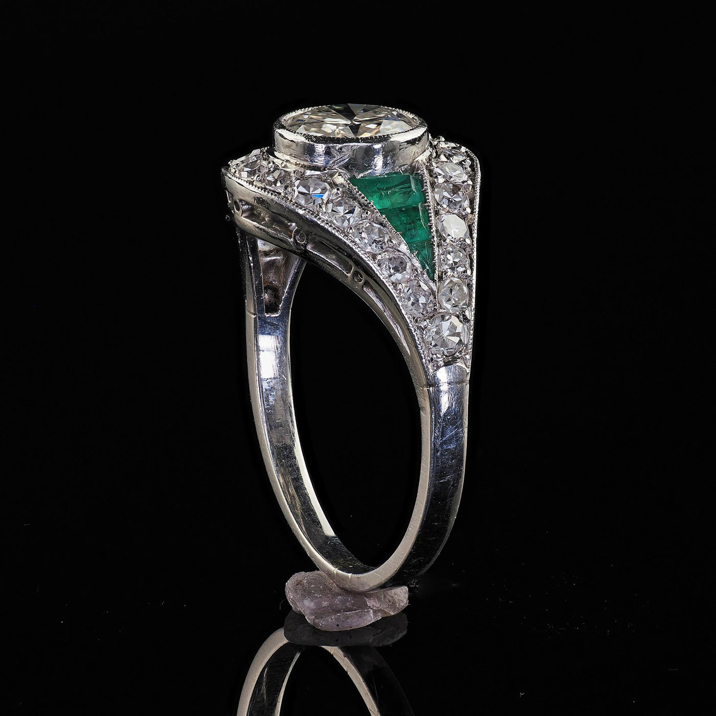 Antique Art Deco Platinum Old Euro Diamond and Emerald Engagement Ring