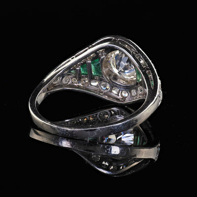 Antique Art Deco Platinum Old Euro Diamond and Emerald Engagement Ring