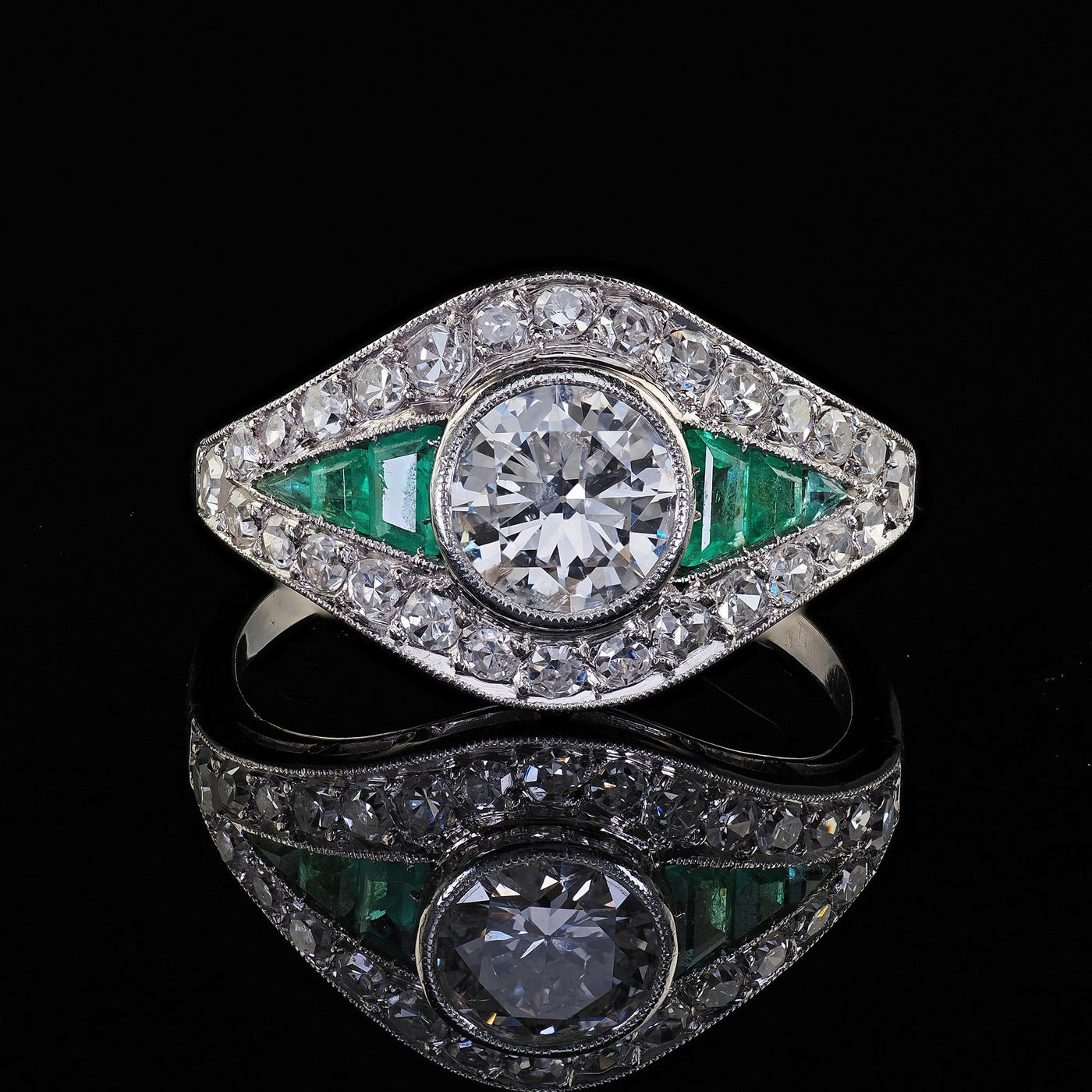Antique Art Deco Platinum Old Euro Diamond and Emerald Engagement Ring