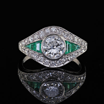 Antique Art Deco Platinum Old Euro Diamond and Emerald Engagement Ring