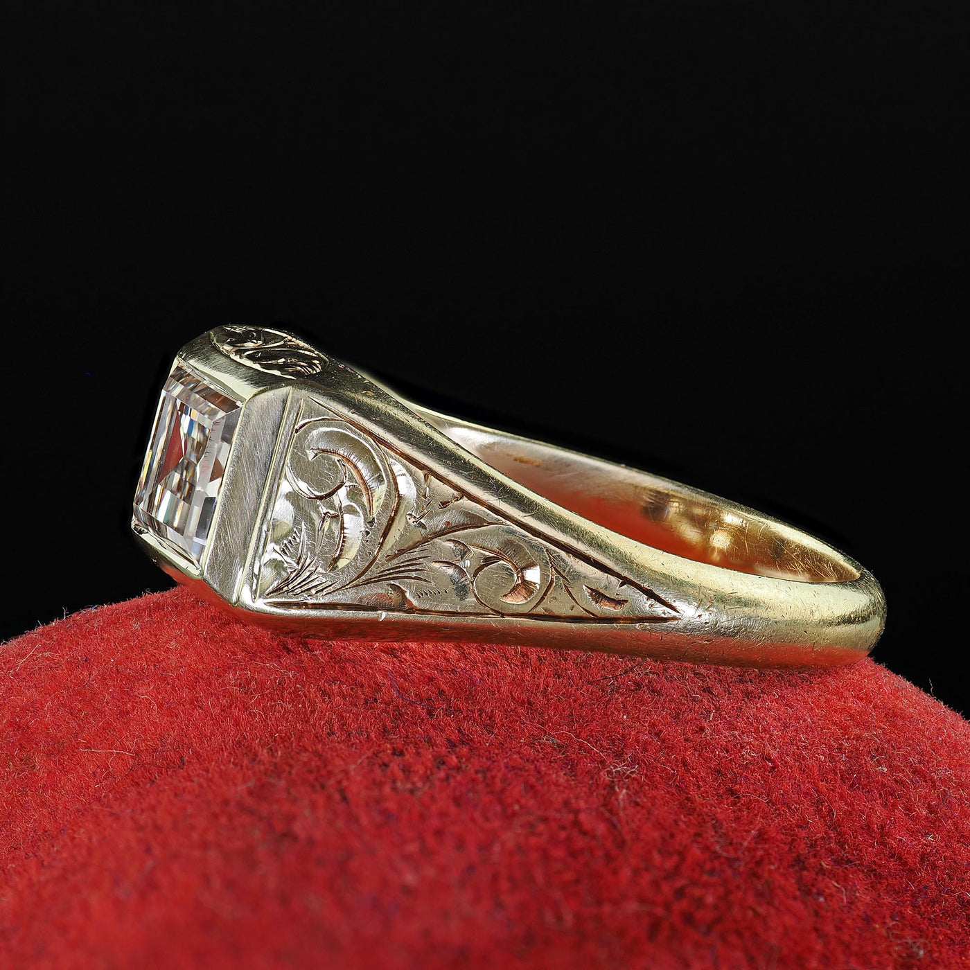 Antique Art Deco 14K Green Gold Carre Step Cut Diamond Engagement Ring - GIA