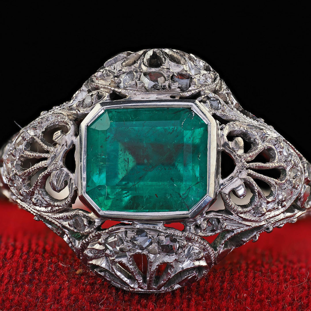 Antique Edwardian Platinum Colombian Emerald Diamond Filigree