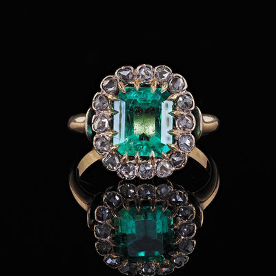 Antique Victorian 14K Gold Colombian Emerald Diamond Engagement Ring - GIA