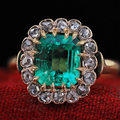 Antique Victorian 14K Gold Colombian Emerald Diamond Engagement Ring - GIA