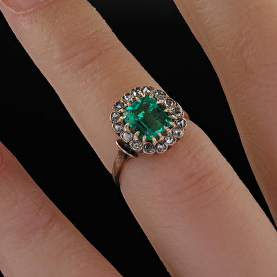 Antique Victorian 14K Gold Colombian Emerald Diamond Engagement Ring - GIA