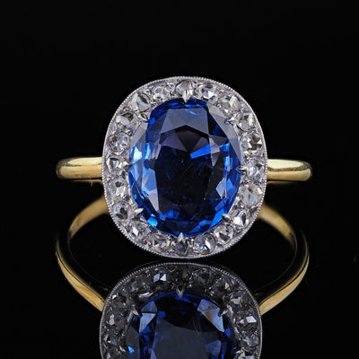 Antique Edwardian 18K Yellow Gold No Heat Sapphire Diamond Engagement Ring - GIA