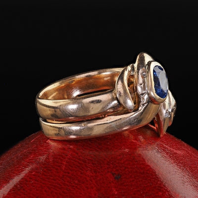 Antique Victorian 14K Yellow Gold Old Cut Diamond and Sapphire Double Snake Ring