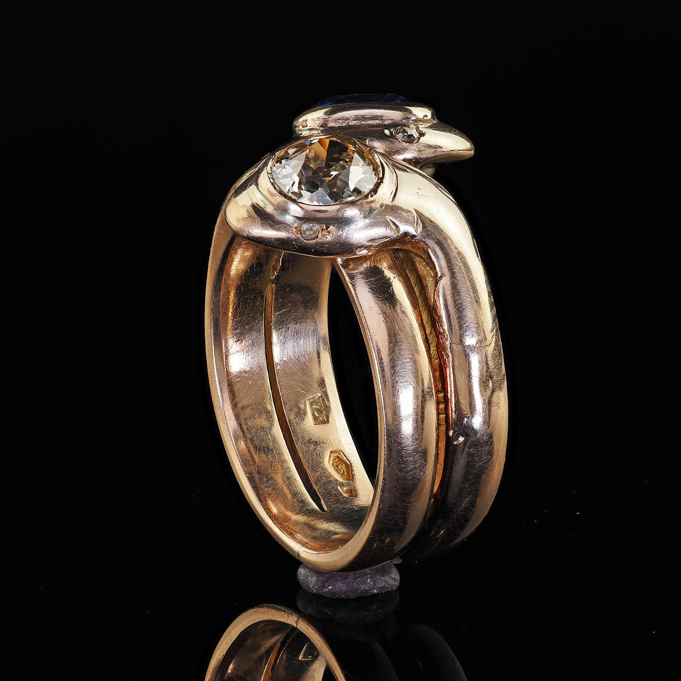 Antique Victorian 14K Yellow Gold Old Cut Diamond and Sapphire Double Snake Ring