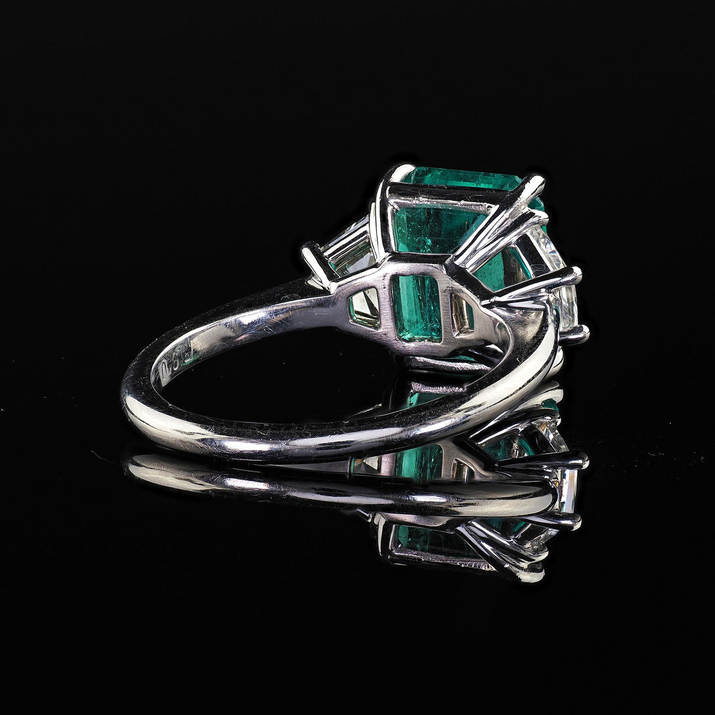 Estate Contemporary Platinum Colombian Emerald Diamond Three Stone Ring - GIA