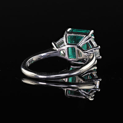 Estate Contemporary Platinum Colombian Emerald Diamond Three Stone Ring - GIA