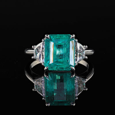 Estate Contemporary Platinum Colombian Emerald Diamond Three Stone Ring - GIA
