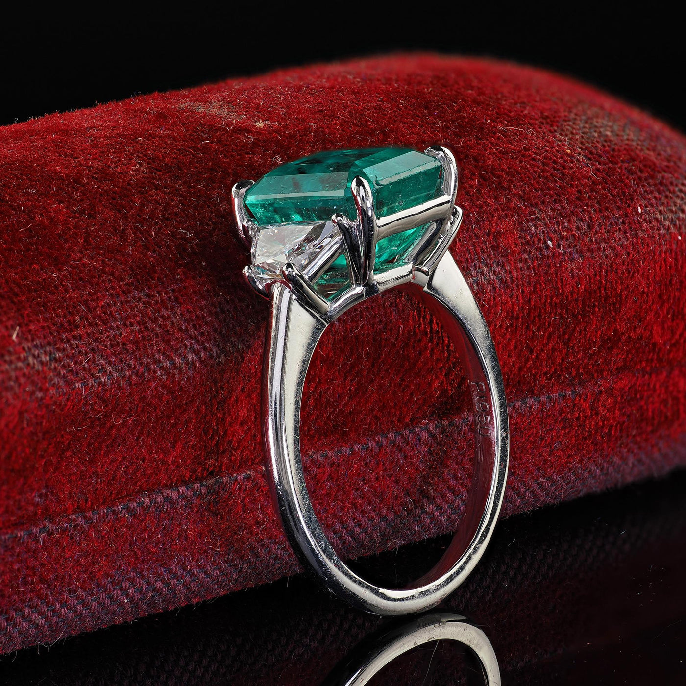 Estate Contemporary Platinum Colombian Emerald Diamond Three Stone Ring - GIA