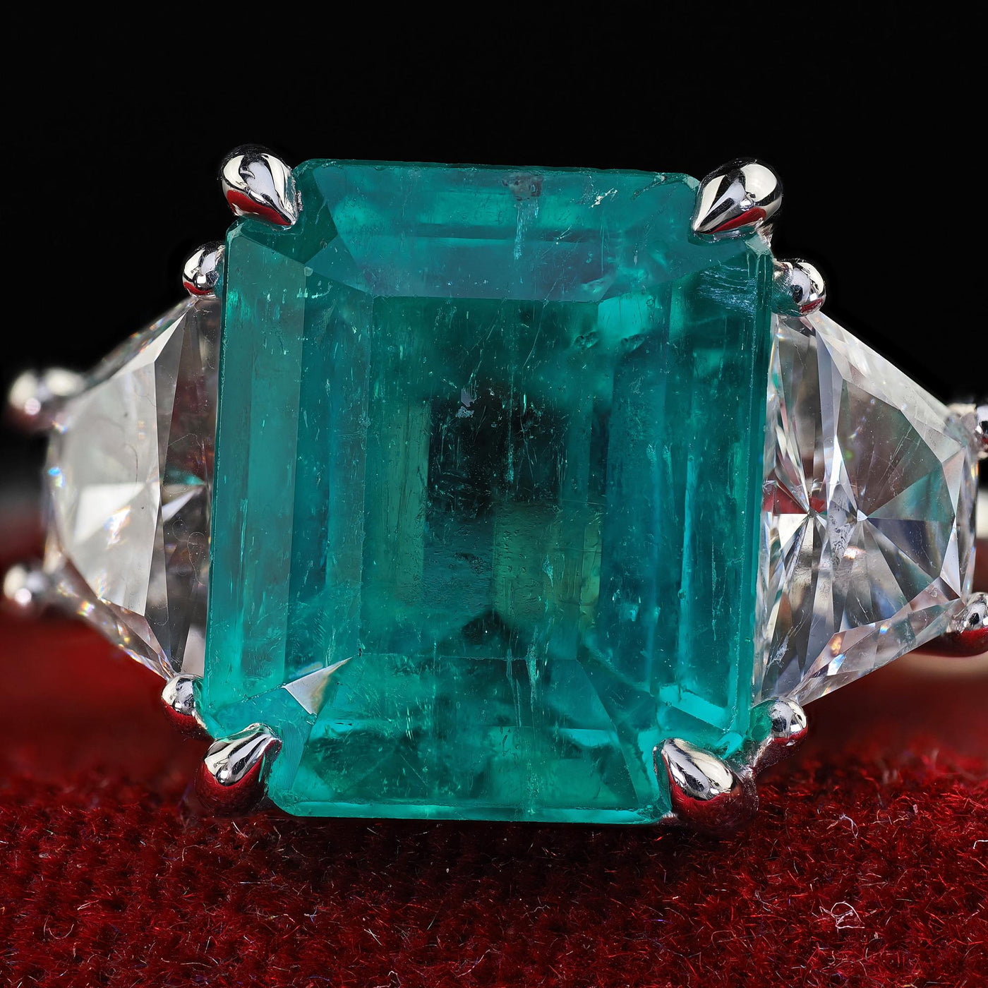 Estate Contemporary Platinum Colombian Emerald Diamond Three Stone Ring - GIA