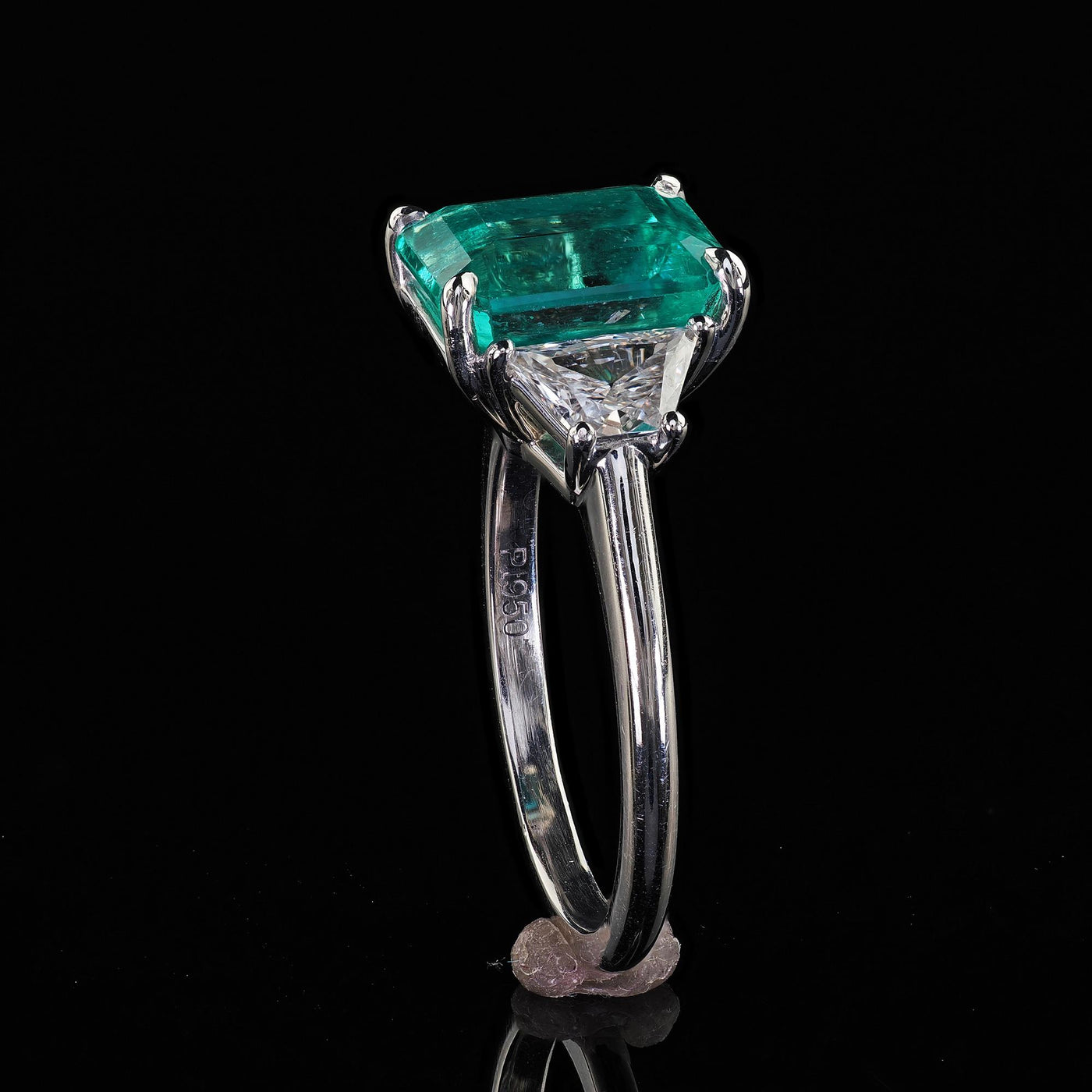 Estate Contemporary Platinum Colombian Emerald Diamond Three Stone Ring - GIA