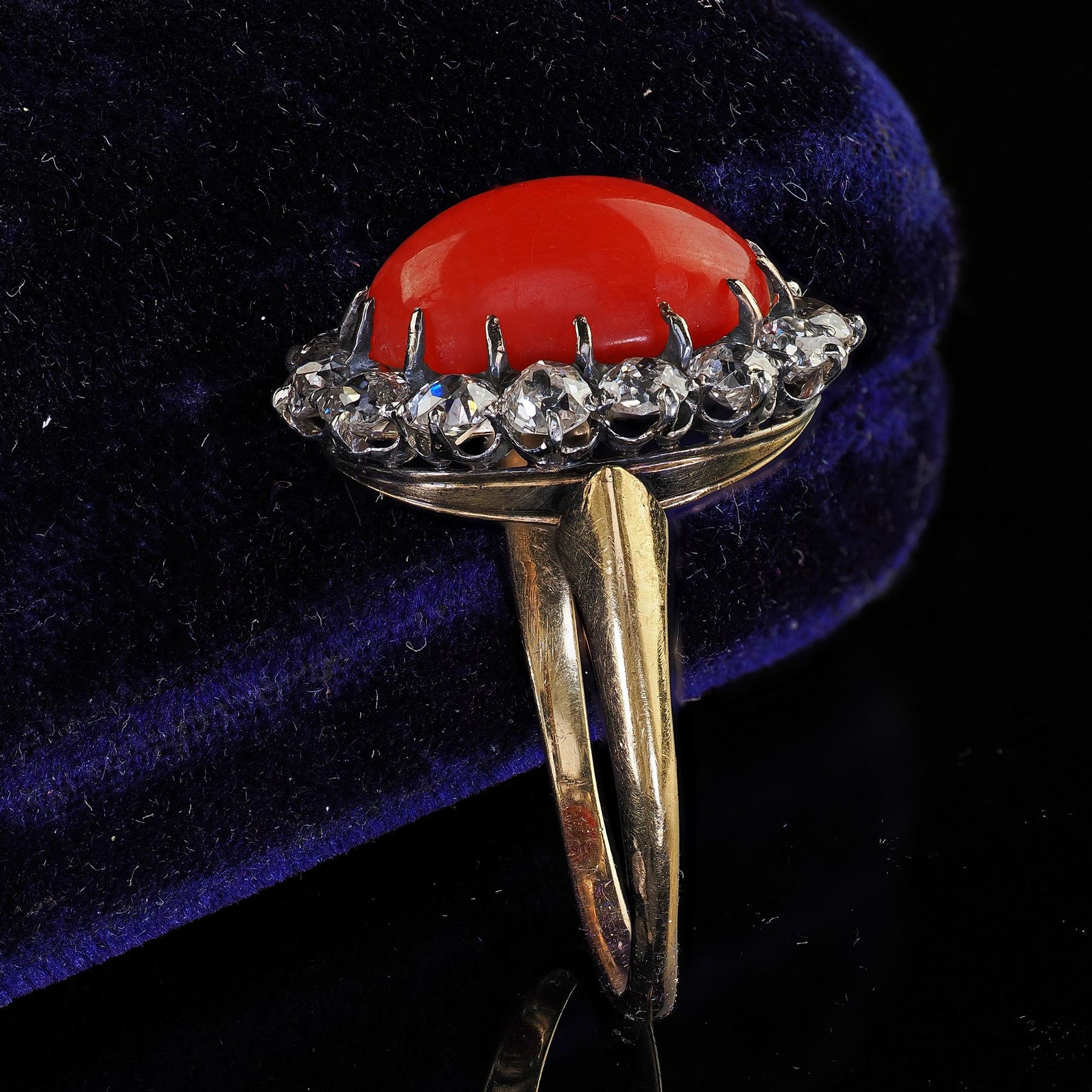 Antique Victorian 18K Yellow Gold Natural Coral Old Mine Diamond Cockt ...