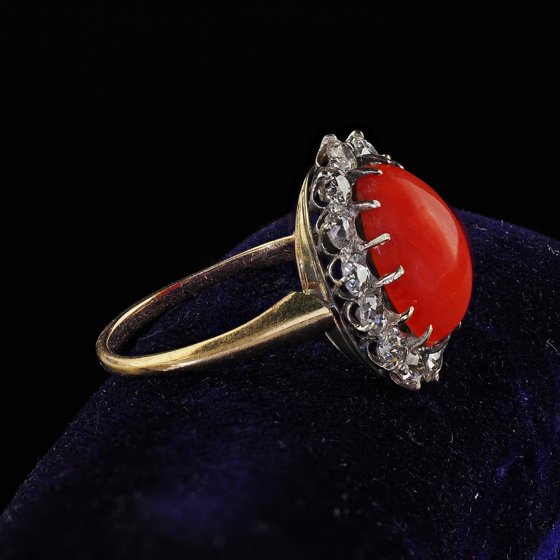 Antique Victorian 18K Yellow Gold Natural Coral Old Mine Diamond Cockt ...