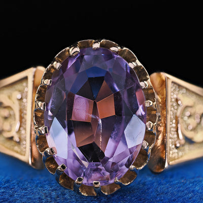 Antique Victorian 14K Yellow Gold Amethyst Solitaire Engraved Engagement Ring