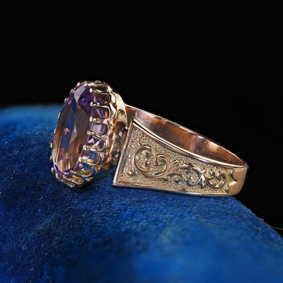 Antique Victorian 14K Yellow Gold Amethyst Solitaire Engraved Engagement Ring