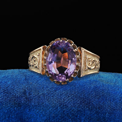 Antique Victorian 14K Yellow Gold Amethyst Solitaire Engraved Engagement Ring