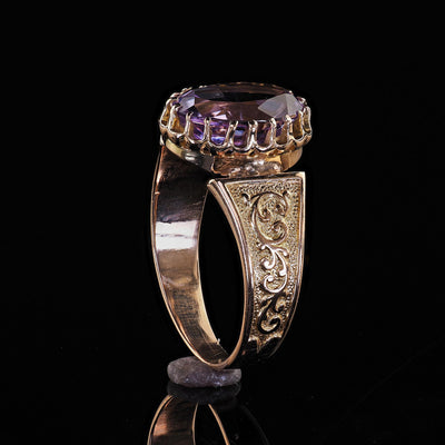 Antique Victorian 14K Yellow Gold Amethyst Solitaire Engraved Engagement Ring