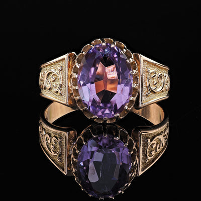 Antique Victorian 14K Yellow Gold Amethyst Solitaire Engraved Engagement Ring