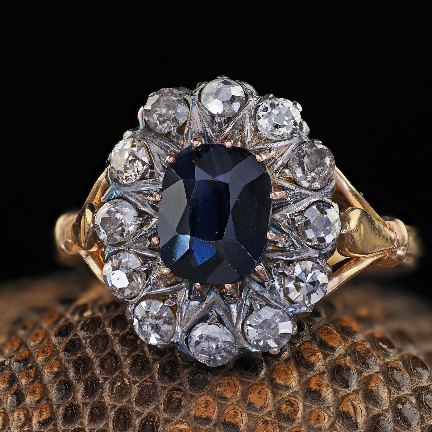 Antique Victorian 14K Yellow Gold Old Cushion Sapphire Diamond Engagement Ring