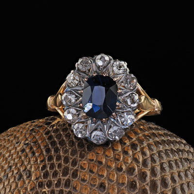 Antique Victorian 14K Yellow Gold Old Cushion Sapphire Diamond Engagement Ring