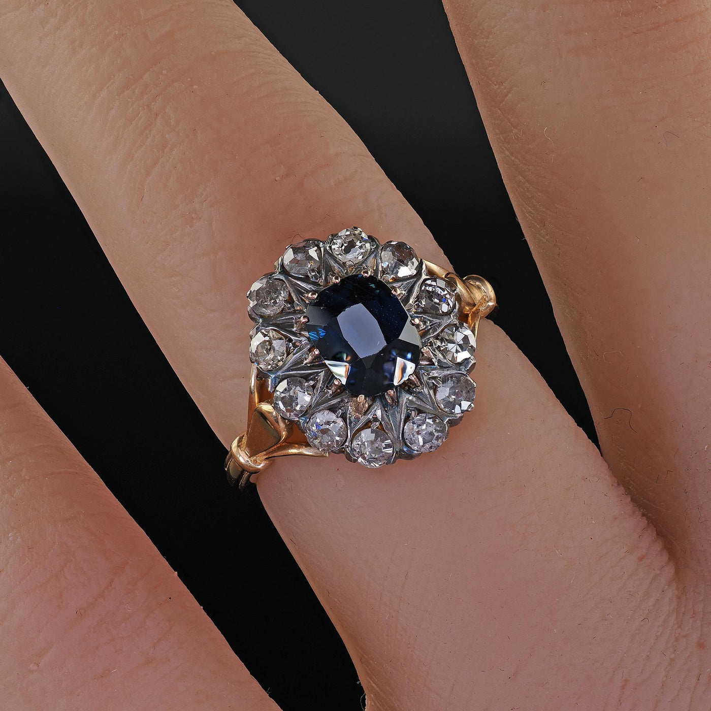 Antique Victorian 14K Yellow Gold Old Cushion Sapphire Diamond Engagement Ring