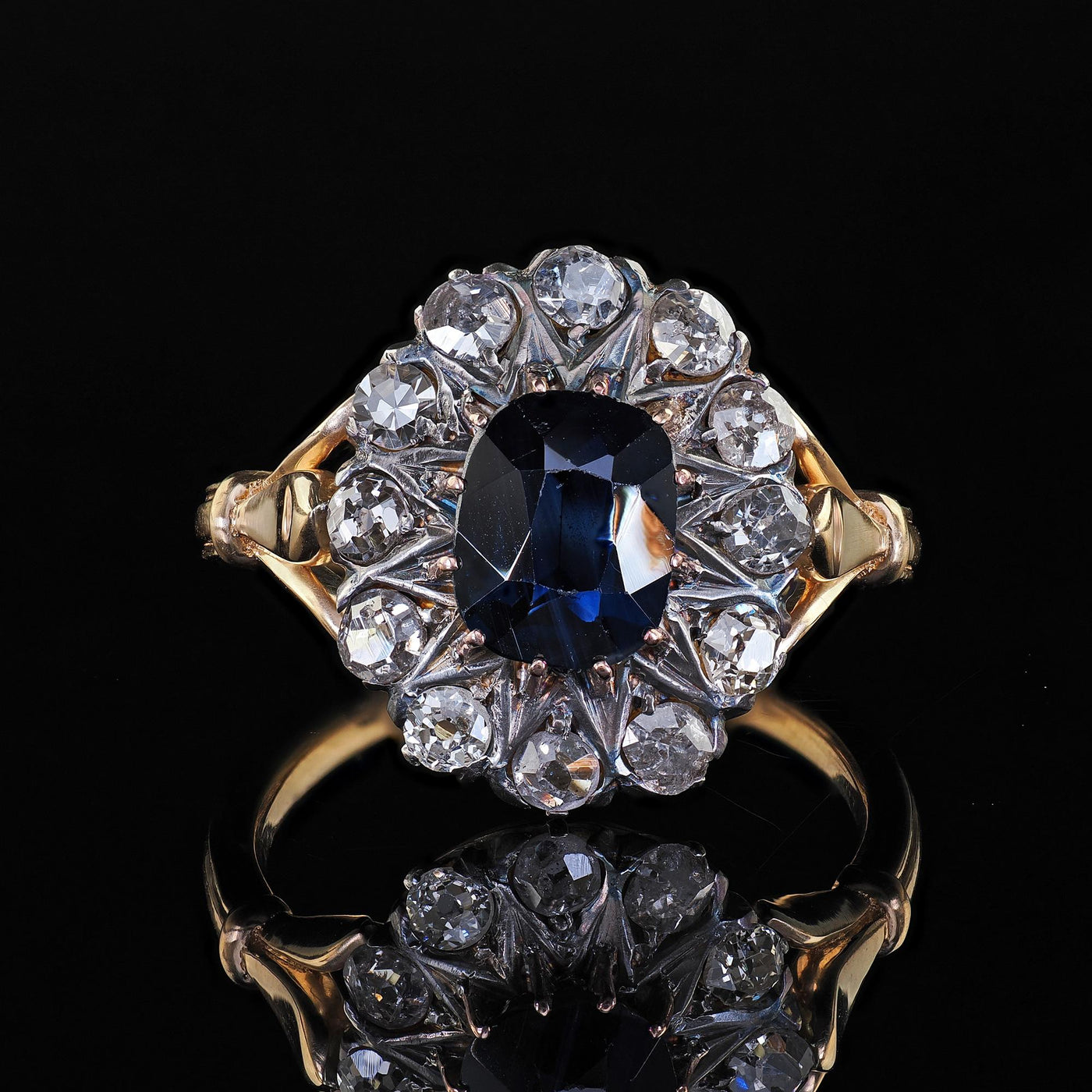 Antique Victorian 14K Yellow Gold Old Cushion Sapphire Diamond Engagement Ring