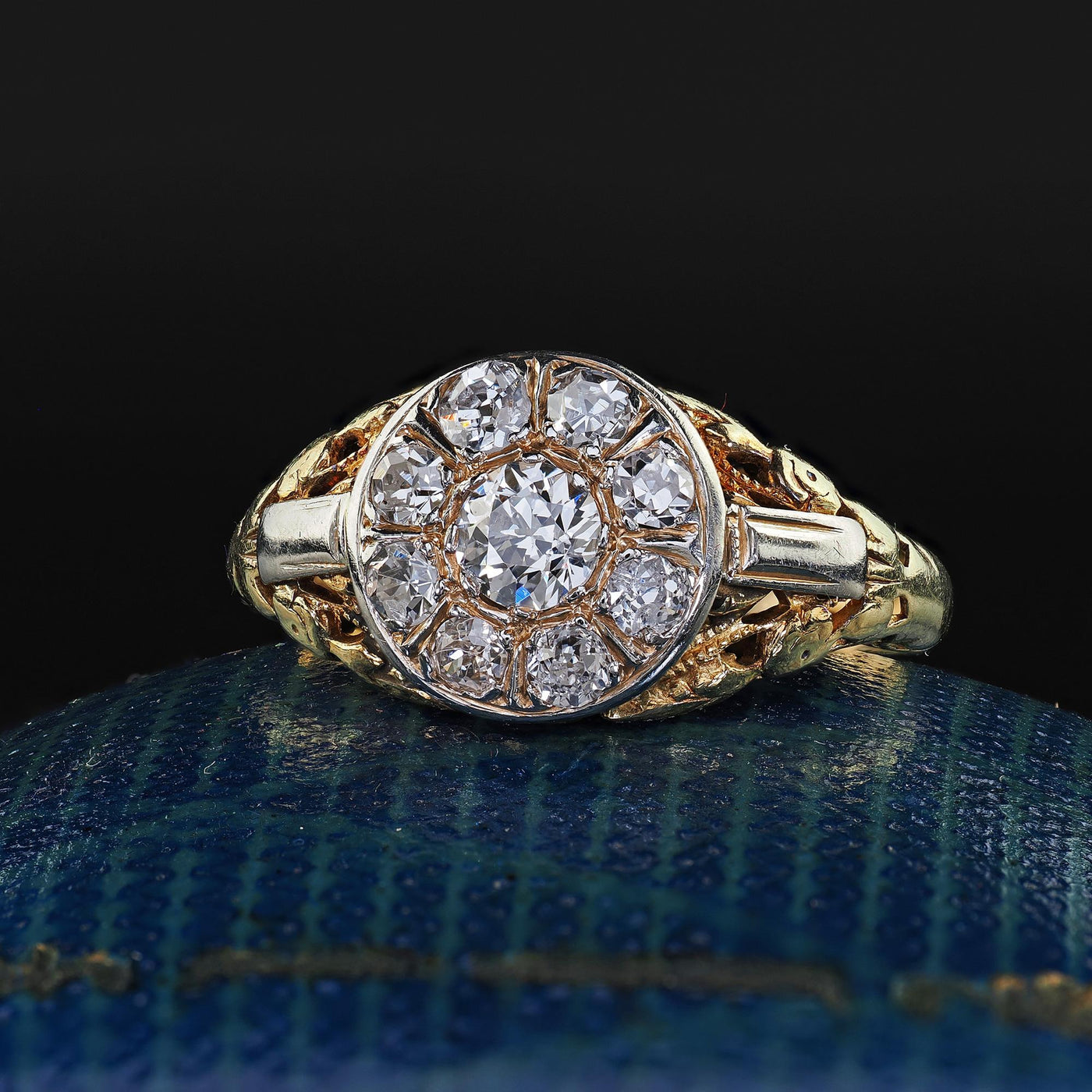 Antique Art Deco 14K Yellow Gold Old Cut Diamond Filigree Engagement Ring